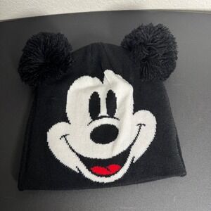 Disney Mickey Mouse Beanie Juniors OS Black Knit Double Pom Pom Hat H&M Divided